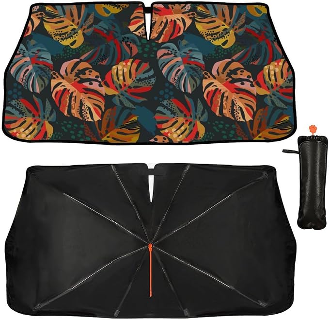 Tropical Car Windshield Sunshade Umbrella Palm Tree Sun Shade Umbrella for Car Foldable Windshield Umbrella Block UV Rays Heat Keep Vehicle Cool for Cars SUV 57"x30" by PZTZH