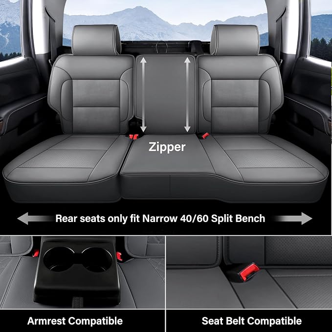 Coverado Chevy Silverado Seat Covers Full Set, Faux Leather Car Seat Covers Fit for 2014-2018 1500, 2015-2019 2500HD 3500HD Chevy Silverado GMC Sierra Crew Double Extended Cab (Gray) - Image 4