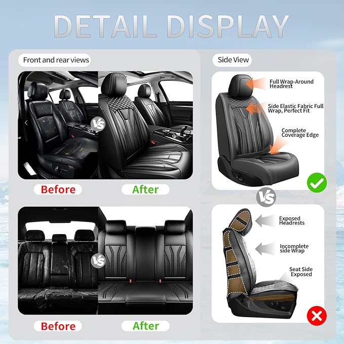 Fit Yaris Premium Leather Car Seat Covers for Toyota Yaris 2007-2019 2020 - Waterproof，Breathable，All-Weather Seat Cushion Protecto & Airbag Compatible, Full Set All Black - Image 6