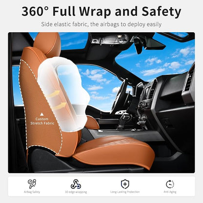 Huidasource Front Truck Seat Covers Fit for Ford F150 2015-2026&F250 F350 F450 2017-2026 All Cab XL XLT Lariat King Ranch Platinum, Waterproof Leather Automotive Car Seat Cover(Front Pair/Brown) - Image 2