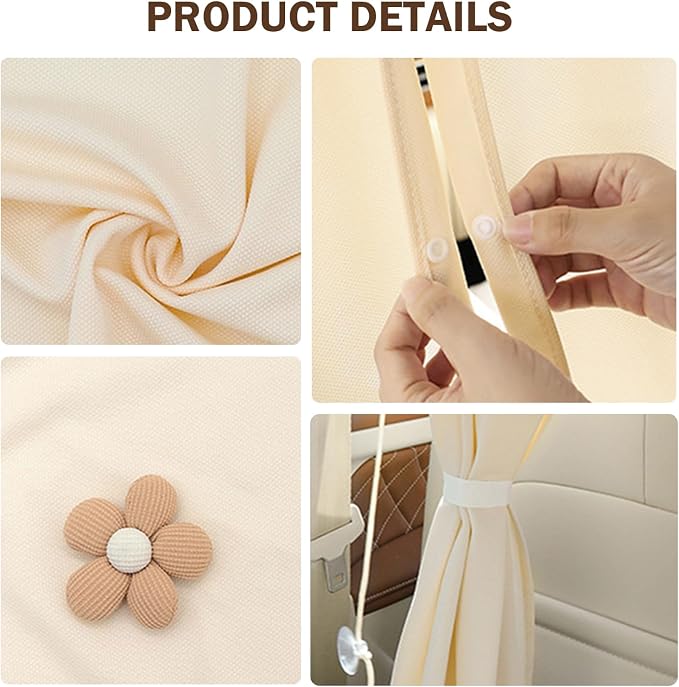 Shakas 2 PCS Car Privacy Curtains, Front and Rear Partition Sun Protection and Heat Insulation Covers, Cute Flower Decoration Sleeping Curtains with Hook Suction Cup Accessory, for Cars SUVs (Beige) - Image 4