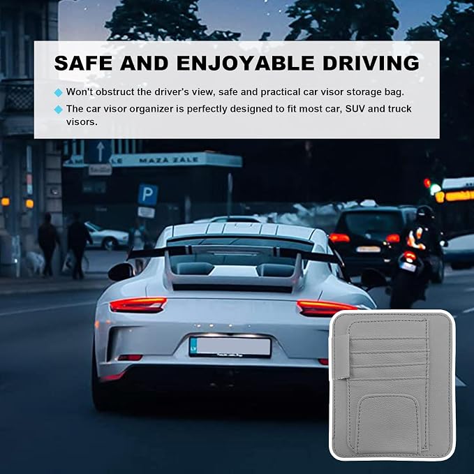 Dickno Small Leather Car Sun Visor Organizer, Multifunctional Auto Visor Document Holder with Sunglasses Clip, Universal Car Interior Organizer for Drving License, Card, Pen (Gray) - Image 6