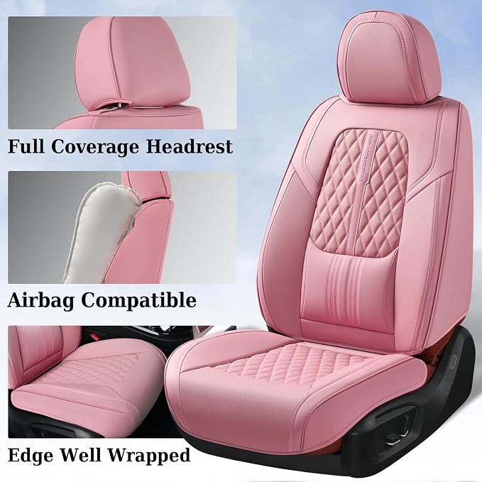 Coverado Car Seat Covers Full Set, Automotive Front and Rear Seat Covers with Backrest, Nappa Leather Car Seat Protectors Waterproof, Universal for Most Vehicles, Pink - Image 5