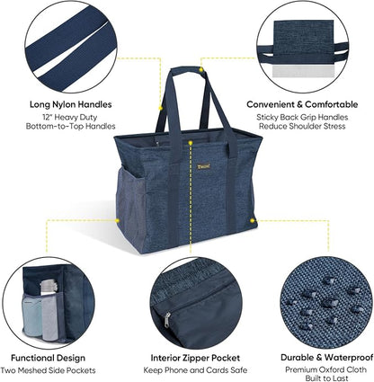 BALEINE Extra Large Utility Tote Bag with Reinforced Wire Frame, Reusable Grocery Bag for Shopping, Picnic (Blue, 16.5''x14''x10'') - Image 4