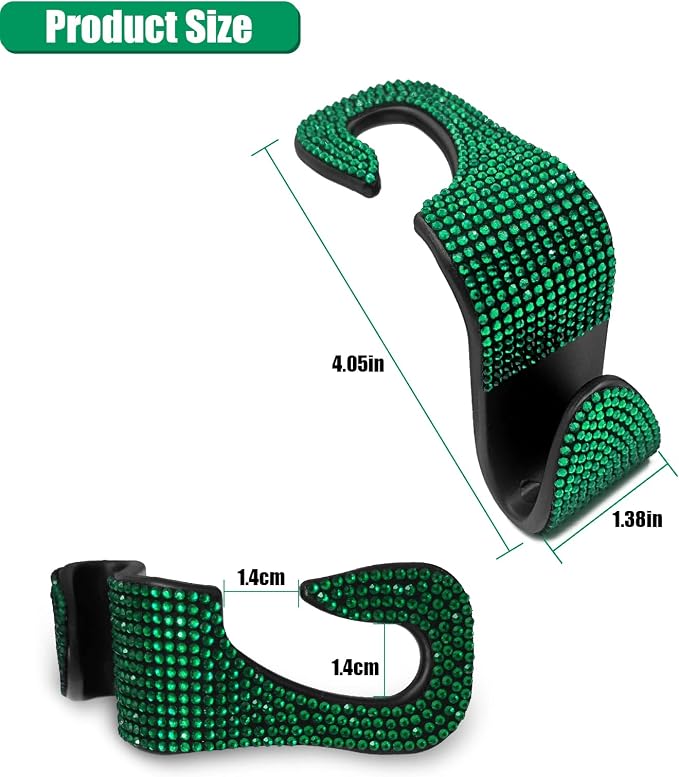 OSIFIT 2PCS Car Seat Hooks, Bling Car Rhinestone Headrest Hooks, Universal Bling Car Interior Accessories, for Handbag, Clothes, Purse, Water Bottle (Green) - Image 2