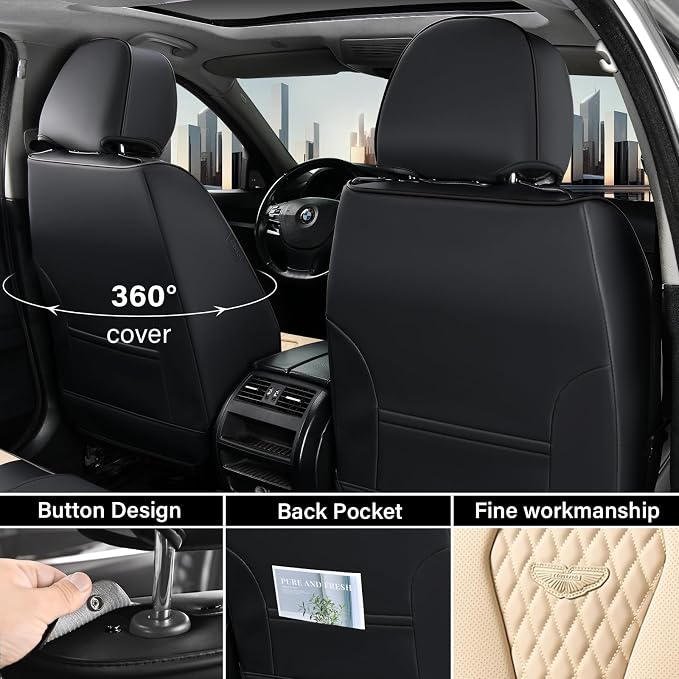 Coverado Automotive Seat Covers Front Seats, Seat Covers 2 Pack, Beige Car Seat Cover, Waterproof Auto Seat Covers, Car Seat Cushion, Front Car Seat Covers Leather Car Seat Protector Fit for Most Cars - Image 3