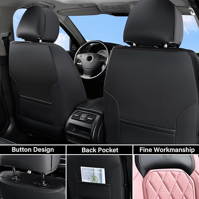 Coverado Leather Seat Covers, Car Seat Cover Front Seats, Waterproof Seat Covers, Luxury Faux Leather Car Seat Protectors, Black and Pink Car Seat Cover Universal Fit for Most Cars - Image 2