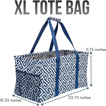 Extra Large Utility Tote Bag - Oversized Collapsible Reusable Wire Frame Rectangular Canvas Basket With Two Exterior Pockets For Beach, Pool, Laundry, Car Trunk, Storage - Geo Navy Blue - Image 4