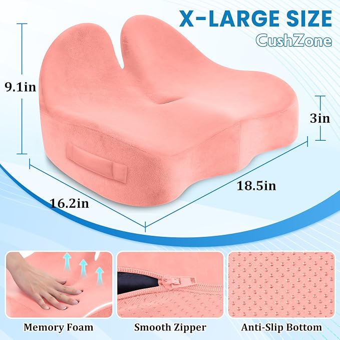 CushZone Extra Large Seat Cushion, Sciatica Support for Office Chair, Pink | Ergonomic Office Chair Cushion for Hip & Tailbone Pain Relief, Memory Foam Cushion for Car, Long Trip, Desk Chair, Lab - Image 2