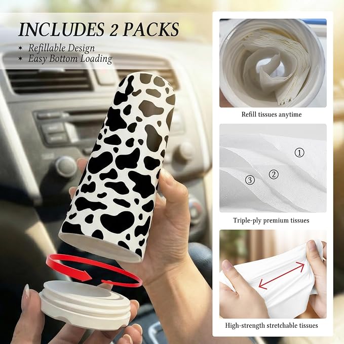 Car Tissues Cylinder for Cup Holder - Refillable Round Tissue Canister with 2 Packs Tissues - Cow Car Decorations,Cow Cars Interior Accessories for Women & Men - Fits Most Auto Cup Holders (Cow Print) - Image 5