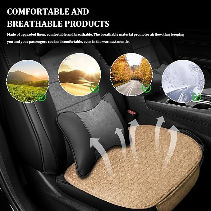 Linen Car Back Seat Cover, Car Seat Bottom Covers Protectors, Anti-Slip Automotive Long Rear Seat Protectors with Storage Pocket, Seats Back Protector for Most Vehicles (Single-Seat/Beige) - Image 6