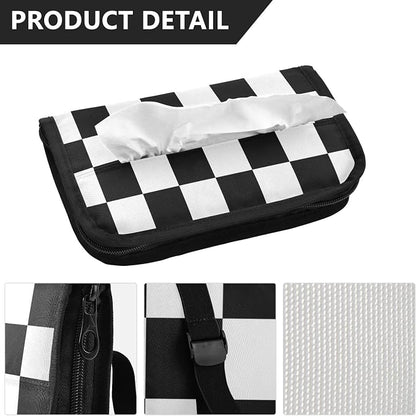 Car Tissue Holder Napkin Box Dispenser Storage Case Sun Visor Mask Holder With Adjustable Straps Reusable Refillable Checkered Black and White - Image 3