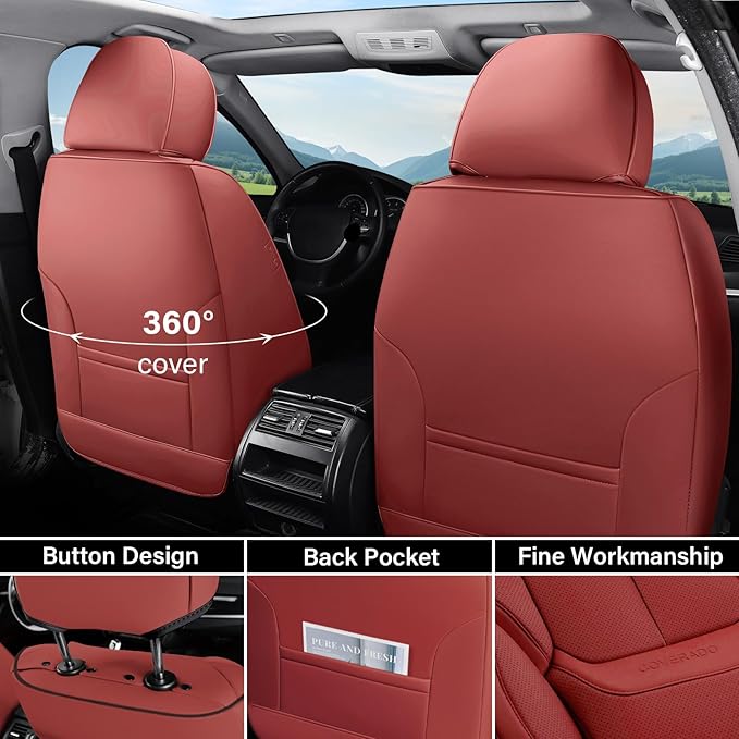 Coverado Universal Seat Covers Full Set, 5 Seats Universal Seat Covers for Cars, Waterproof Faux Leather Car Seat Covers with Head Pillow, Auto Protectors Fit for Most Sedans SUV Pick-up Truck-Red - Image 2