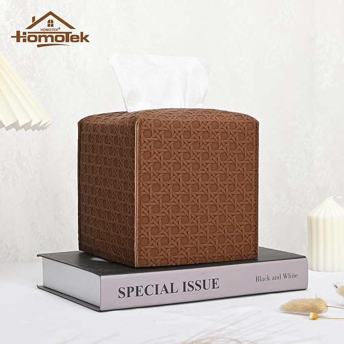 HOMOTEK 2 Pack Tissue Box Cover, Square PU Leather Tissue Holder, Decorative Facial Tissue Cube Paper Organizer Dispenser for Bathroom, Night Stands, Desk, Car 5X5X5'' - Rattan Weave,Chocolate - Image 6