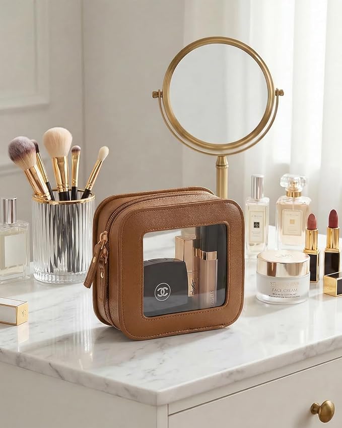 Clear Makeup Brush Bag Pouch, Waterproof PU Leather Portable Makeup Bag Holder with Transparent Window, Travel Lipstick Case Pouch Car Organizer and Storage, Square, Brown - Image 4