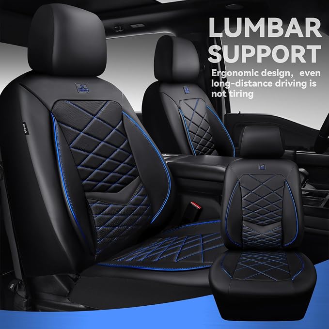 CAR PASS Luxury Nappa Leather Seat Covers Front, Water Resistant 3D Memory Foam Car Seat Covers with Lumbar Support,Thick Seat Cover Airbag Compatible Universal Fit for Sedan SUV Van Truck, Black Blue - Image 3