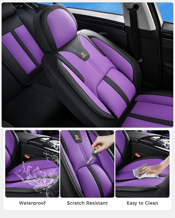 Huidasource Front Car Seat Cover Luxury Nappa Leather, Leather Front Seat Covers with Airbag, Front Storage Pocket, Lumbar Support, Cooling＆Heating Universal Fit for Most Cars SUV Trucks, Black&Purple - Image 7