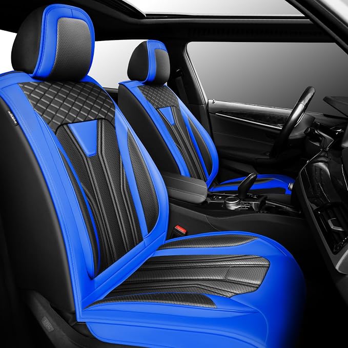 Fit Frontier Car Seat Covers Premium Leather for Nissan Frontier 2009-2025 2026. Waterproof， Breathable, Scratch-Resistant & All-Weather Seat Cushion Protector（Front Seat,Blue&Black by Unknown