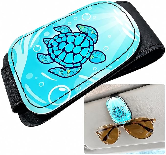 Blue Sea Turtle Car Sunglasses Holder Universal Magnetic Visor Accessories | Cute Sea Turtle Cars Accessories Leather Glasses Clip for Sun Visor Eyeglass Hanger Organizer for Women and Men Gifts Decor by TRXYQ