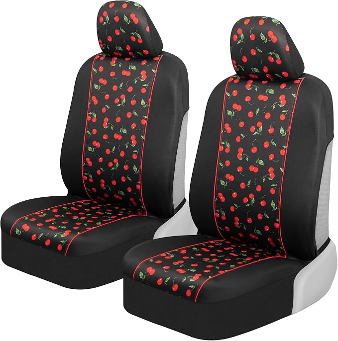 BDK Red Cherry Car Seat Covers for Front Seats, 2 Pack – Classic Pattern with Matching Headrest, Sideless Design for Easy Installation, Fits Most Car Truck Van and SUV by BDK