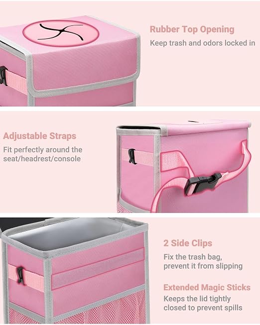 Capolo Car Trash Can with Lid, Leakproof Car Garbage Can Car Trash Bag | Waterproof, Trash Can for Car, 3 Mesh Pockets, Mini Hanging Vehicle Car Trash Bin, for Back/Front Seat (Pink,2.5 Gal) - Image 3