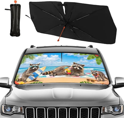 CHILL·TEK Funny Raccoon Car Windshield Sun Shade Umbrella Hawaiian Raccoon Car Sun Shade Umbrella Block UV Rays Heat Foldable Windshield Umbrella Sun Visor Protector - Keep Vehicle Cool for Cars SUV - Image 2