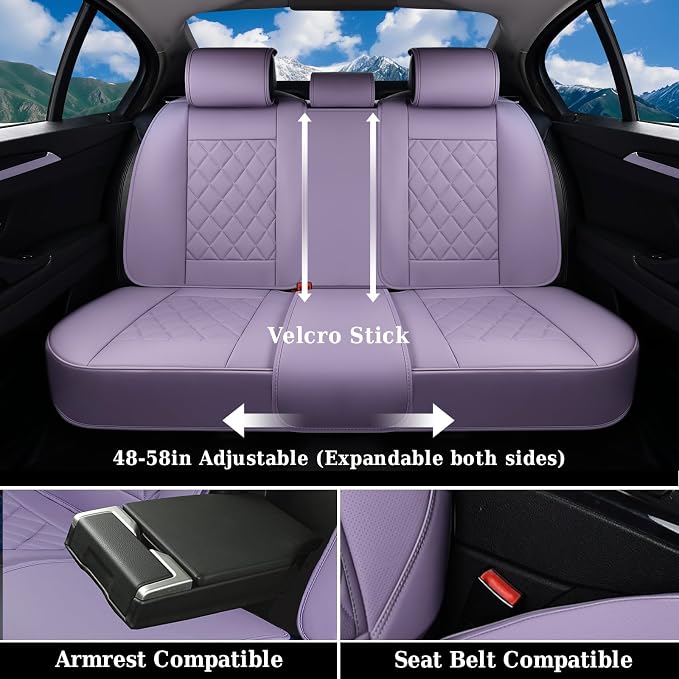Coverado Car Seat Covers Full Set, Purple Leather Seat Covers for Cars, Luxury Front and Back Car Seat Protector, Universal Waterproof Car Seat Cover, Automotive Seat Covers Fit for Most Cars, Purple - Image 3