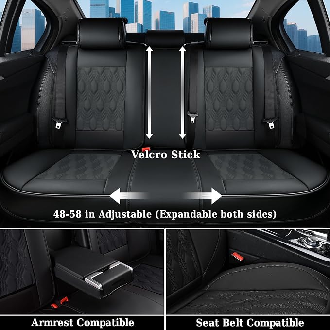Coverado Car Seat Cover, Black Luxury Seat Cover for Cars, Premium Nappa Leather Seat Covers Full Set with Embossed Pattern, Waterproof Car Seat Protector Car Seat Cushions Universal Fit Most Vehicle - Image 6