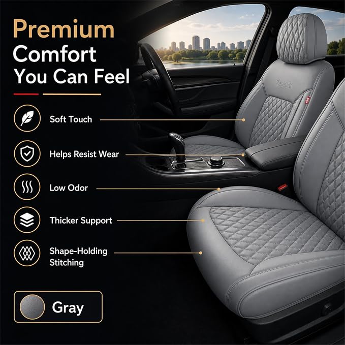 Gray Thick Nappa Leather Automotive Front Car Seat Covers Set of 2 | Univerasal Fit,3D Contoured,Full Coverage,Waterproof,ThickTexture Nappa Leather,for most Suvs Trucks Sedans - Image 2