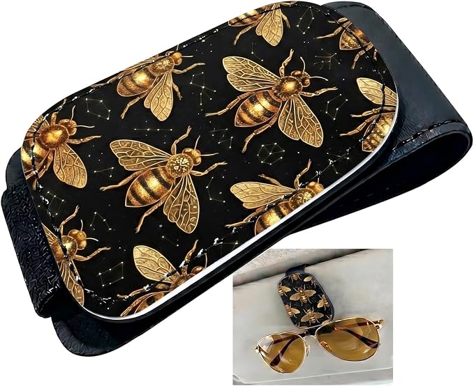 Bee Car Sunglasses Holder Universal Magnetic Visor Accessories | Cute Bumble Bee Cars Accessories Leather Glasses Clip for Sun Visor Eyeglass Hanger Organizer for Women and Men Gifts Decor by TRXYQ