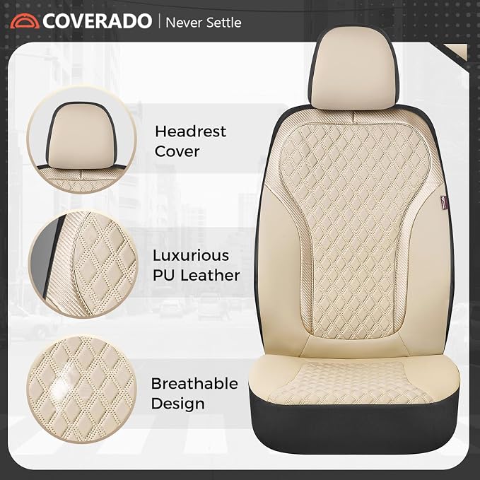 Coverado Front Seat Covers, 2-Pack Luxury Leather Car Seat Cover with Carbon Fiber Weave, Waterproof Car Seat Protectors, Spill-Proof Car Seat Cushion, Beige Seat Covers Universal Fit for Most Cars - Image 5