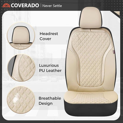Coverado Front Seat Covers, 2-Pack Luxury Leather Car Seat Cover with Carbon Fiber Weave, Waterproof Car Seat Protectors, Spill-Proof Car Seat Cushion, Beige Seat Covers Universal Fit for Most Cars - Image 5