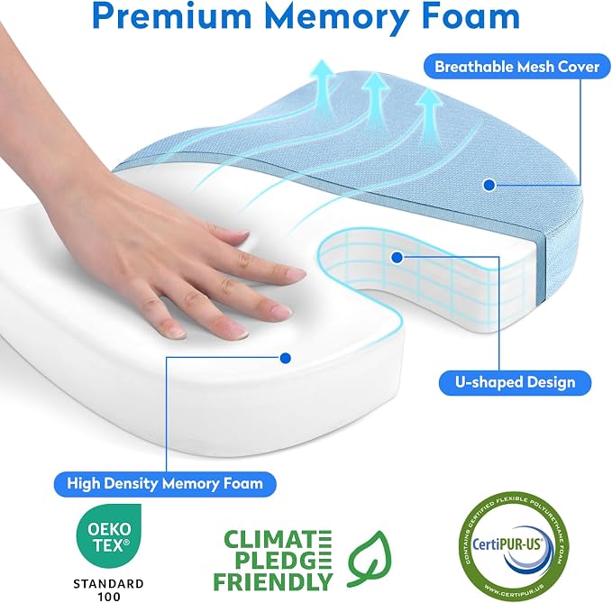 CushZone XXL Memory Foam Seat Cushion for Office & Car, Light Blue | U-shaped Coccyx Cutout, Contoured Design, Breathable Removable Mesh Cover, Non-Slip Base, Carry Handle - Image 2