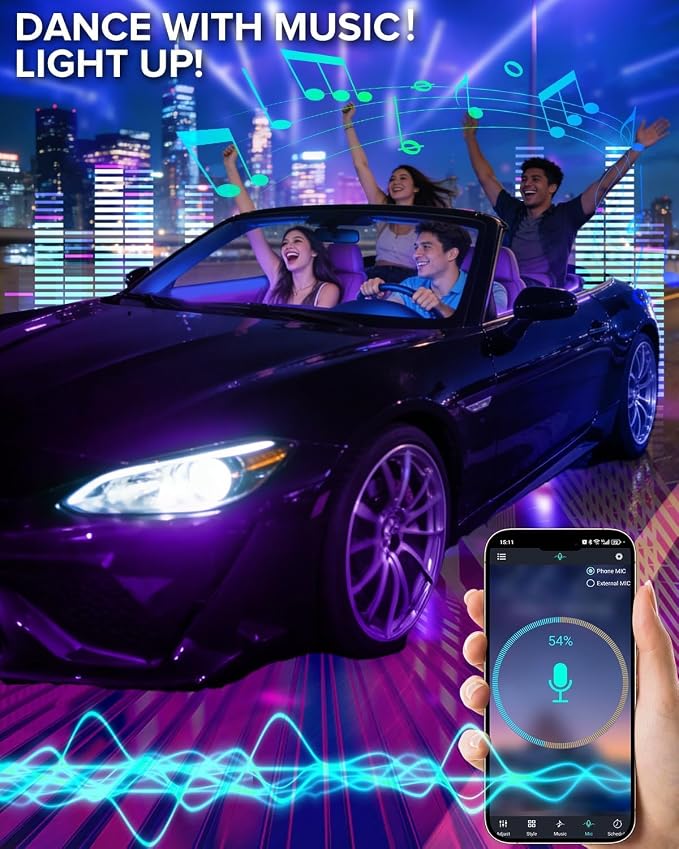 Car Interior LED Lights, 12V RGB Under Dash Footwell Ambient Lighting Kit | Smart APP & Remote Control, Music Sync, Cigarette Lighter Powered Color Changing Lights for Cars, Trucks and SUVs - Image 4