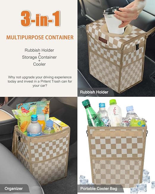 Pritent Car Trash Can with Lid Leakproof Car Garbage Bag Vehicle Trash Bin | Hanging Automotive Garbage Can,Multipurpose Car Accessories for Women Interior Car Storage Organizer(2 Gal,Khaki Checkered) - Image 5