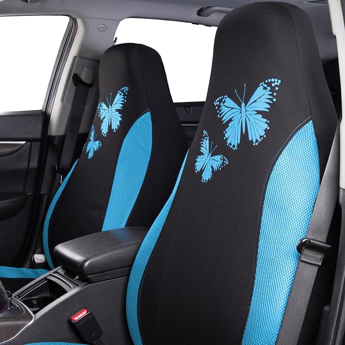 Flying Banner Butterfly car seat Covers ful Set Fashion Universal Lady Woman Female Rear Bench Split Colorized (2 Fronts, Mint Blue) - Image 5