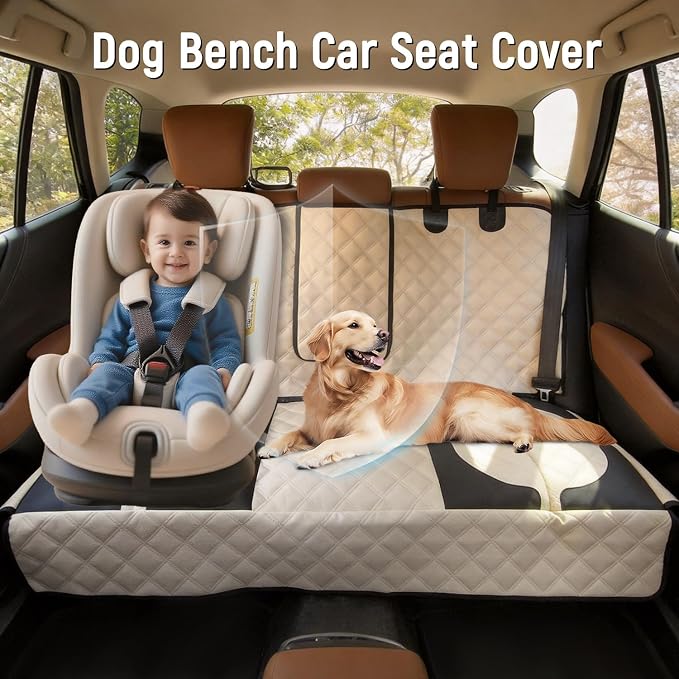 Pet Bench Seat Covers for Trucks, Heavy Duty Nonslip Car Seat Protector with ISOFIX Openings for 1-2 Child Car Seats,Fits Ford 150,Ram 1500,GMC Sierra,Toyota,Ram,Chevrolet Silverado(Beige) - Image 3