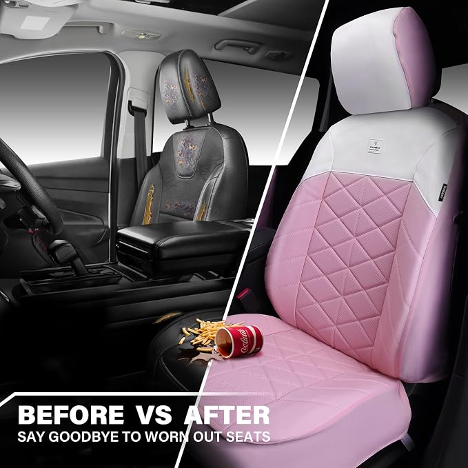 CAR PASS Memory Foam Leather Seat Covers Full Set, Breathable Luxury Perforated Nappa Leather Seat Covers Universal Fit for Car,SUV,Truck Seat Covers Thick 3D Foam Comfort,Airbag Compatible Pink White - Image 5