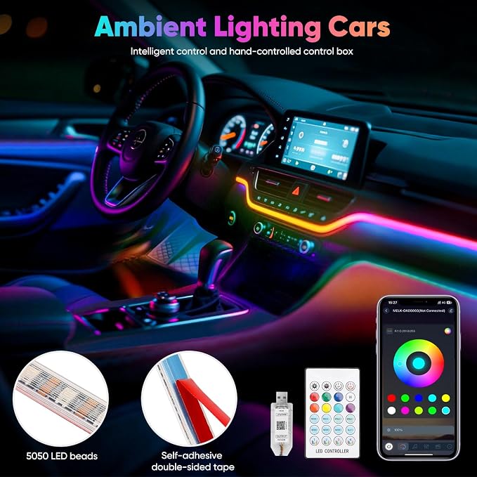 5 in 1 Acrylic LED Lights for Car, RGB Ambient Lighting Car Interior | Dashboard Decorations LED, 16 Million Colors, Music Sync, Smart Control - Image 2