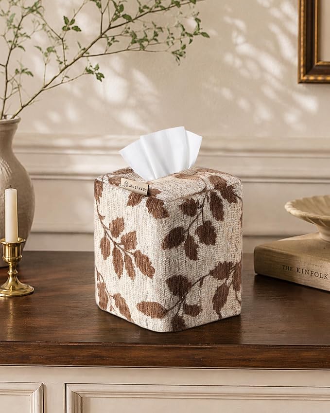 Chenille Tissue Box Cover - Vintage Farmhouse Decor, Brown Leaf | Tissue Box Cover Square, Cube Tissue Holder, 4.5x4.5x5.5 in, Home, Living Room, Bathroom, Bedroom, Office, Vanity, Car Decor - Image 6