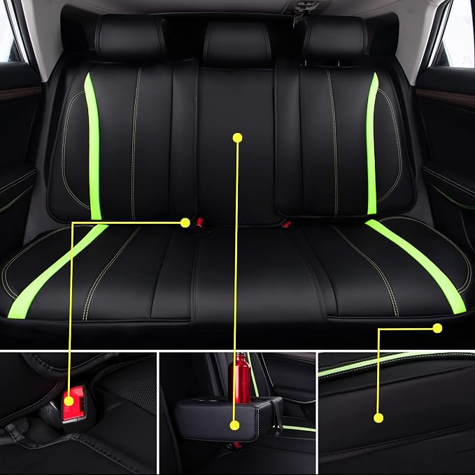 CAR PASS Fluorescent Green & Nappa Leather Seat Covers Full Set, with Backrest Cushion Protector Waist Protection Universal Fit for SUV Pick-up Truck, Automotive Vehicle Interior (Black Green) - Image 8