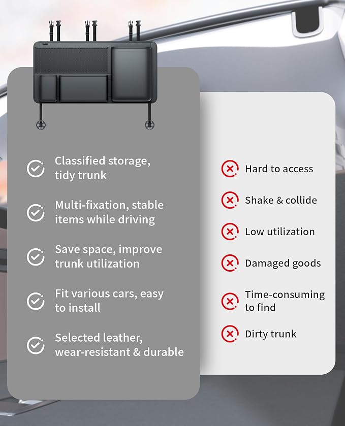 PU Leather Hanging Trunk Organizer, 36in Black | Sturdy Non-Sagging, Tool-Free Install, Fits SUV & Truck, Waterproof Easy Clean, Vertical Backseat Storage - Image 4