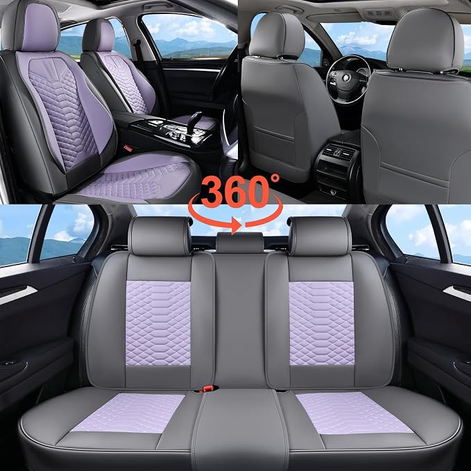 Coverado Seat Covers Full Set, Waterproof Nappa Leather Seat Covers for Cars, 5 Seats Universal Car Seat Protectors, Gray and Purple Car Seat Covers Car Seat Cushions Fit for Most Cars (Gray&Purple) - Image 8