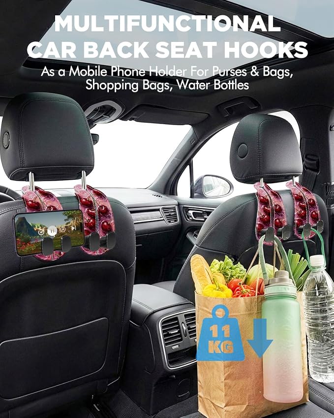 WOCOCN Purse Holder for Car, 2 Pack Heavy Duty Purse Hanger for Car, Cherry | PU Leather Car Seat Hooks for Purses and Bags, Cute Floral Headrest Organizer for Handbags & Backpacks - Image 2