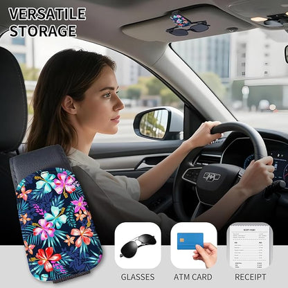 Sunglasses Holder for Car Visor, PU Leather Glasses Clip Organizer, Cute Magnetic Eyeglass Holder for Vehicle Sun Visor, Car Interior Accessory for Women & Men Tropical Neon Flowers - Image 2