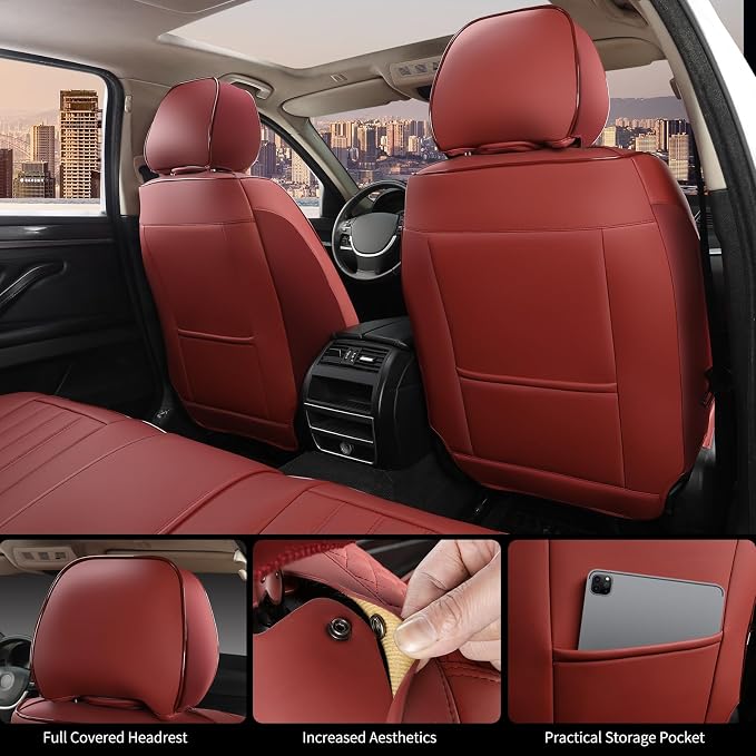 Red Car Seat Covers Full Set, Universal Leather Seat Cover for Cars 5 Seats, Waterproof and Breathable Automotive Seat Cover Front and Rear Seat Covers for Most Trucks, Sedans, SUVs - Image 7