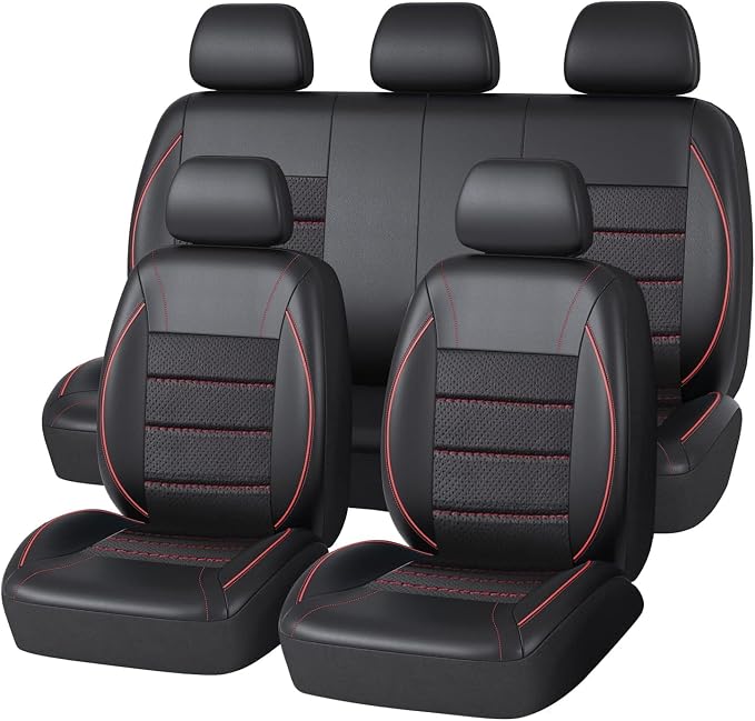 CAR PASS Universal FIT Piping Leather Car Seat Cover, for suvs,Van,Trucks,Airbag Compatible,Inside Zipper Design and Reserved Opening Holes (Full Set, Black and Red) - Image 8