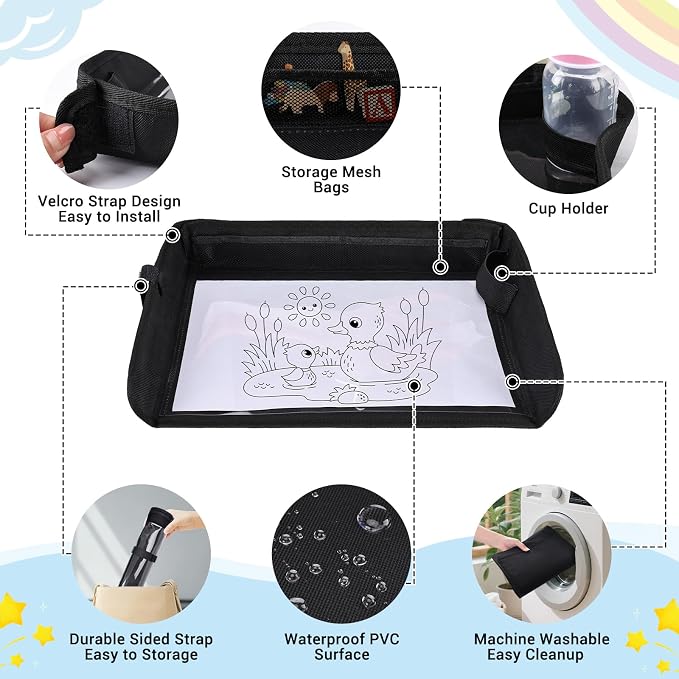 COOLBEBE Airplane Tray Table Cover, Foldable Travel Tray Cover | for Toddlers 1-3, Universal Fit for Airplane, Car Seat, High Chair, Machine Washable, Portable, Black - Image 6