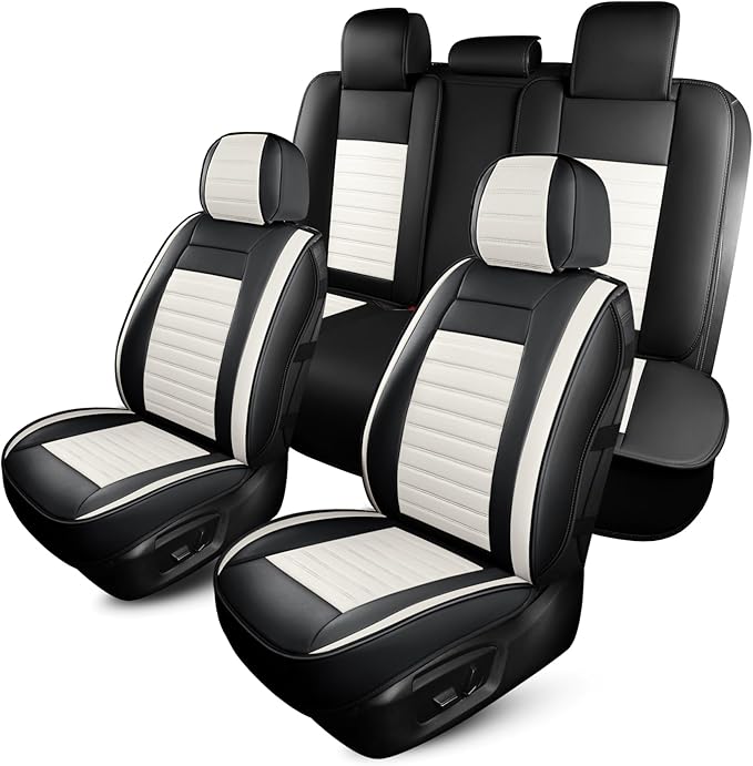 HChengkikz Car Seat Cover, Faux Leather, Waterproof (Black + White) | Breathable, Airbag Compatible, Easy Maintenance, Universal Fit for Most Sedans SUVs Pick-ups Trucks by HChengkikz