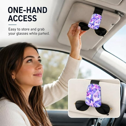 Leather Magnetic Sunglass Holder for Car Sun Visor, Cute Eyeglass Ticket Card Hanger Clip, Universal Auto Interior Accessories for SUV Pickup Truck, Purple Butterfly - Image 2